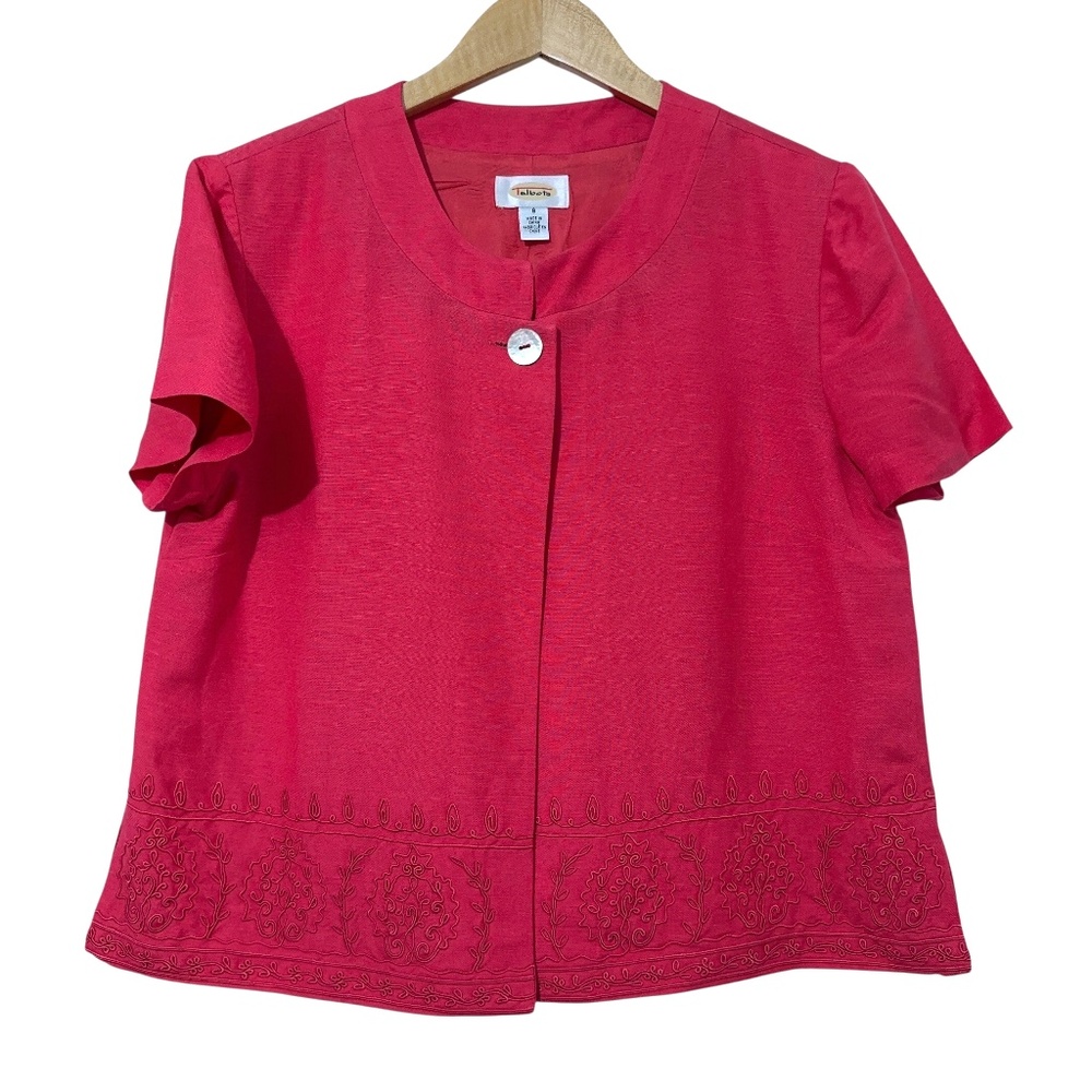 Talbots Linen Blend Embroidered Jacket Size 8 Short Sleeve Office Work